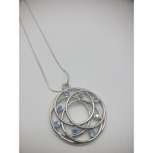 Silver Tone Rope Chain Necklace Pendant Blue Crystals Jewelry Costume